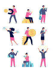 Rich people. Happy people with a lot of money luxury lifestyle millionaire characters vector set. Illustration rich person with money, financial cash
