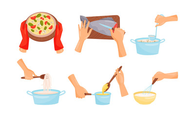 Hands Holding Kitchen Items and Cooking Meal Vector Illustrations Set