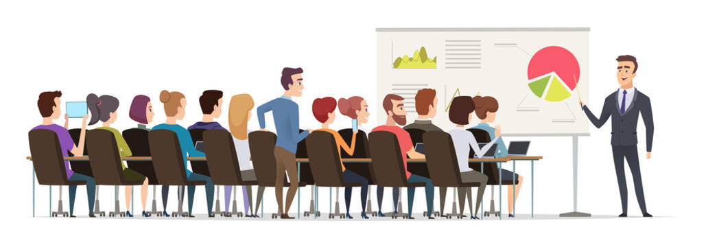 Business Lecture. Managers Sitting In Conference Hall And Listen Speech Of Business Couch Public Executive Group Vector. Illustration Presentation Meeting, Teaching And Speaker Speech Conference