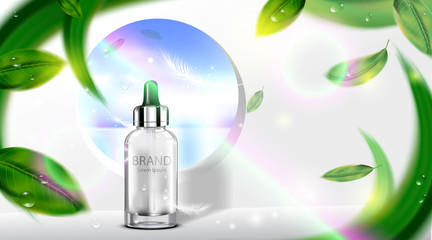 Luxury cosmetic Bottle package skin care cream, Beauty cosmetic product poster, with leaves and white color background