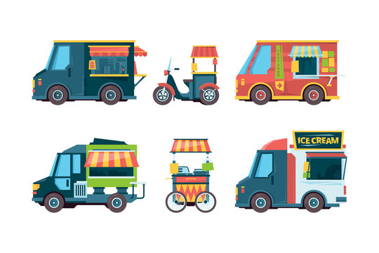 Food truck. Pushcart picking transport hawkers festival fast food vector collection flat pictures. Food truck street, fast pushcart with snack illustration