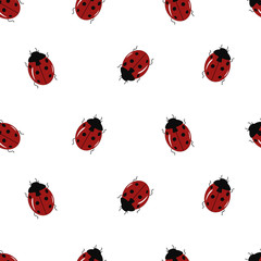 Seamless pattern with cute ladybug on a white background. Vector illustration.