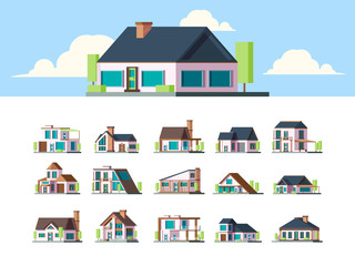 Residential houses. Suburban townhouse buildings countryside apartments flat property modern living exterior vector set. Different house, architectural cottage collection building illustration