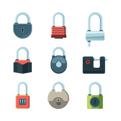 Mechanical lock. Padlock safety symbols vector flat pictures set. Illustration padlock with password, security or privacy