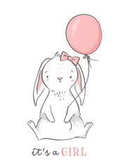 Baby shower card. It s a girl pink bunny with a balloon. Cute rabbit character. Nursery wall art illustration.
