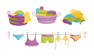 Laundry Resting in Basin and Clothing Items on Hanging Rope Vector Illustration