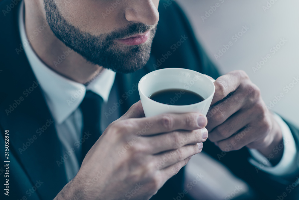 Poster cropped photo of successful business guy hold hands coffee beverage mug enjoy pleasant smell wear bl