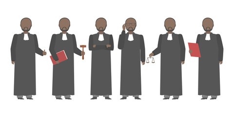 African American judge standing in diverse poses. Vector.