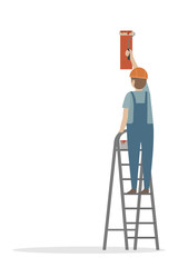 Worker standing on stepladder and painting wall. Vector.