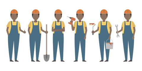 African American worker in orange hard hat standing in diverse poses. Vector.