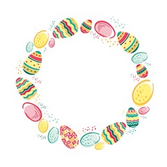 Decorative colored wreath with Easter ornamental eggs hand drawn on a white background. Round frame for cards, invitations for spring holiday. Banner template for text or phrase. Vector illustration.