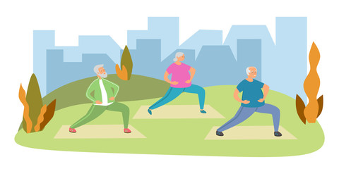 Elderly woman and elderly man do sports, exercise, fitness, yoga. Elderly care and fitness flat vector illustration. Healthy lifestyle of old people. Senior man and woman have fun together outdoors.