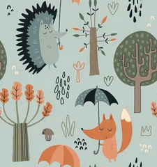 Gordijnen Vector seamless pattern with hand drawn wild forest animals with umbrellas, leaves, trees. © Andrei