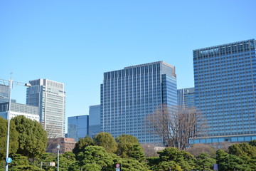 Fototapeta na wymiar ２０２０年東京オリンピックの年の東京の風景　正月の丸の内のビル群の風景