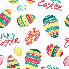 Decorative color seamless pattern with Easter eggs and handwritten phrase happy Easter. Cute background for wrapping paper, printing on kitchen and table textiles. Flat cartoon vector illustration.