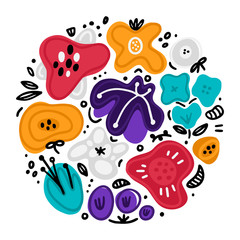 Vector circle floral composition includes hand drawn abstract shapes with different spot and decorative elements. Abstract flowers. Freehand doodle style. Cover, card, label, sticker, print on clothes