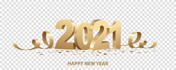 Happy New Year 2021. Golden 3D numbers with ribbons and confetti , isolated on transparent background. - obrazy, fototapety, plakaty