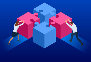 Isometric people connecting puzzle elements. Business teamwork, cooperation, partnership. Teamwork partnership metaphor. Puzzle teamwork.