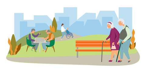 Elderly couple walks in the park flat vector illustration. Old people play chess. Healthy lifestyle of old people concept. A man in a wheelchair in the park.