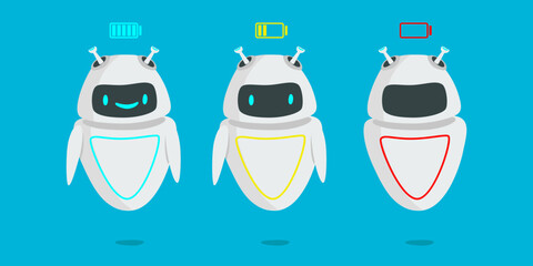 Robot set with charging status flat vector illustration. The concept of charging, discharging robotic batteries and artificial intelligence technology. Charged, low battery and requires charging - obrazy, fototapety, plakaty