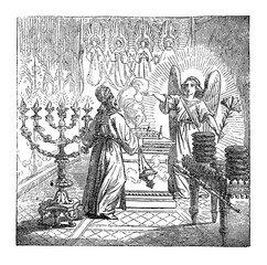 Vintage drawing or engraving of biblical story of the birth of John the Baptist foretold. Angel Gabriel is talking to priest Zechariah in temple of God. Bible, New Testament,Luke 1. Biblische