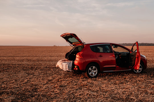 Picture of One New Suv Car Standing on the Field, Travel and Road Trip Concept, Background Space