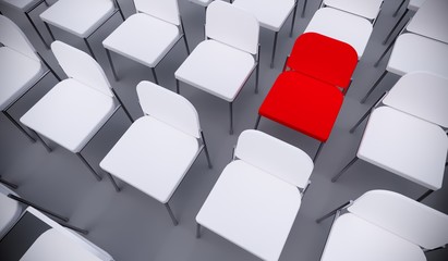 Concept or conceptual red armchair standing out in a  conference room as a metaphor for leadership, vision and strategy. A 3d illustration of individuality, creativity and achievement