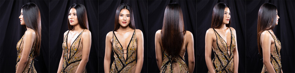 Collage Group Pack Portrait of Young Slim Asian Woman wears brown Evening Gown dress, long straight...
