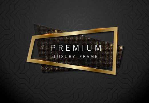 Vector geometric sparkling sequins banner with golden frame on black pattern background. Premium label design for logo or cover tagline