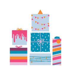 Set of cute boxes for holidays: birthday, chrismas, anniversary. Event, party colorful present boxes. Children`s gifts. Isolated on white background. Flat. Vector stock illustration.