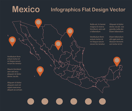 Infographics Mexico Map Outline, Flat Design, Color Blue Orange Vector