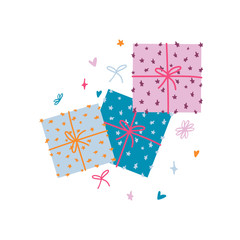 Obraz premium Set of colorful gift or present boxes with bows and stars. Design for holidays, birthday, party. Print for textile, greeting card, invitation isolated on white background. Flat. Vector illustration.