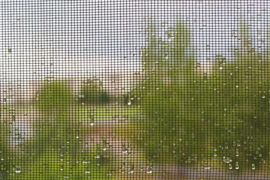 Wet mosquito net on the window. Close-up. Background. Texture.