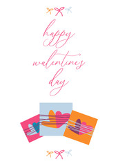 Card template with gifts, hearts, bows and text happy valentine's day. Greeting card ard for valentine's day, wedding, anniversary, invitation and posters on white background. Vector illustration.