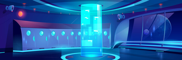 Futuristic school hallway interior at night. Vector cartoon background of empty corridor with lockers and round hologram with adverts in college, university in spaceship © vectorpouch
