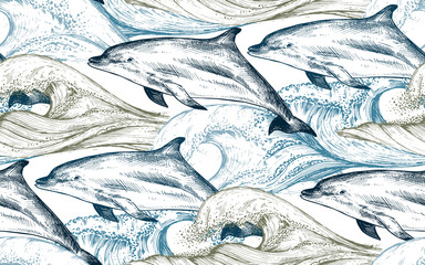 Vector monochrome seamless pattern with ocean waves and dolphins in sketch style