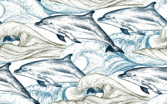 Vector monochrome seamless pattern with ocean waves and dolphins in sketch style © natality