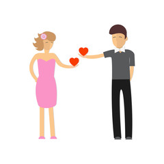 guy and girl give each other Valentines on a white background.