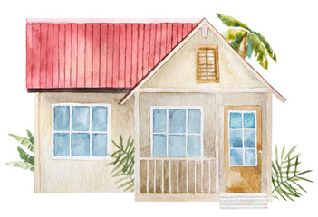 Watercolor bungalow cartoon illustration