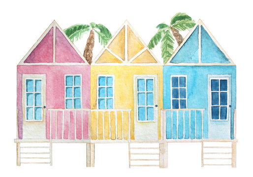 Watercolor colorful beach houses. Townhouses