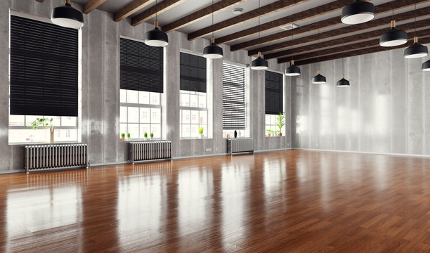 Empty loft interior with wooden floor and big windows.
