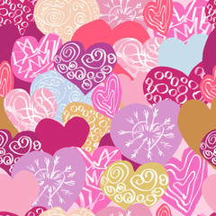 Seamless pattern with hearts. Decorated with ornaments. Multi-colored.