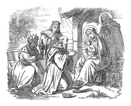Vintage drawing or engraving of biblical story of three wise men or kings visiting newborn Jesus in Bethlehem and giving him gifts.Bible, New Testament,Matthew 2. Biblische Geschichte , Germany 1859.