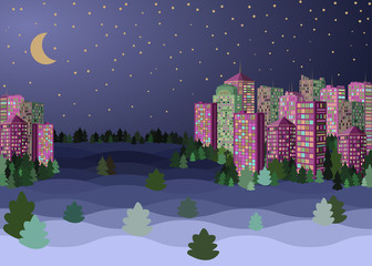 Evening crescent and stars, city downtown landscape, snow covered skyscrapers. Flat vector illustration. Merry Christmas & New Year night moon skyscrapers cityscape.