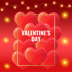 Happy Valentines day card. Many red hearts on red gradient background with white border, garland. Love, romantic concept. Vector image for advertising, web banner, printing.