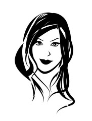 Face of Woman, Vector illustration in black color for Makeup, Beauty Salon or Barbershop. Beautiful portrait of Lady isolated on white.