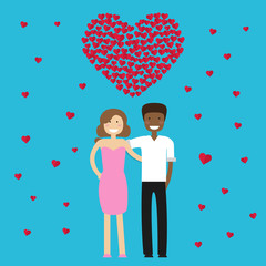 White girl and African American guy on blue background. Above their heads is a Large red heart made of Valentines. Vector image for advertising, web banner, printing