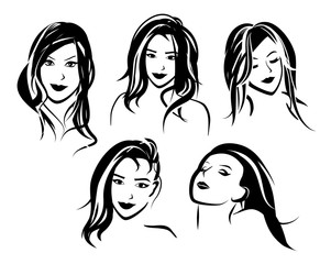 Girl Faces set in Sketch style. Vector Glamour illustration for Cosmetic Beauty Salon or Barbershop. Beautiful Women portraits in black and white colors.