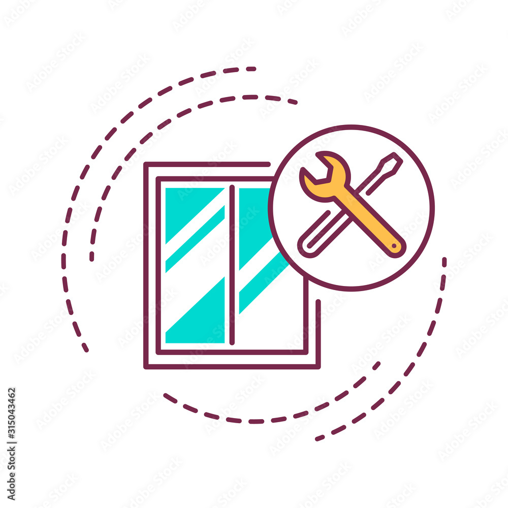 Poster window installation color line icon. setting the window and window's sill into the opening. handyman