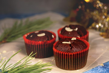 New Year Christmas chocolate cakes brownie on a craft paper 